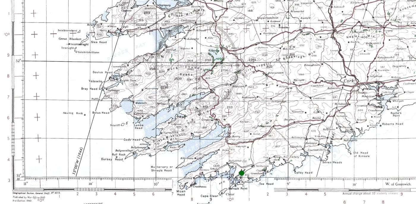 Map of south-west Ireland around Roaring Water Bay